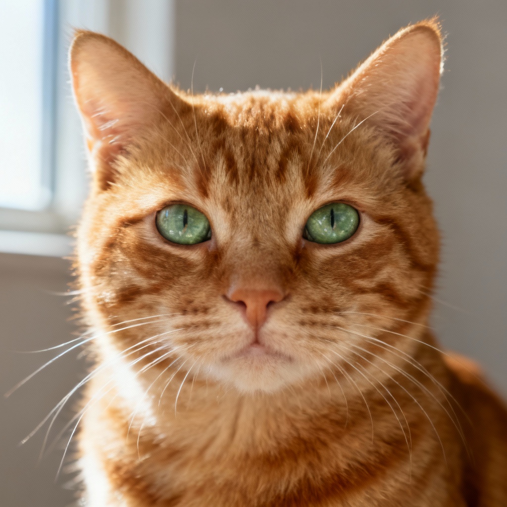 Photorealistic orange mackerel tabby cat portrait with soft window light