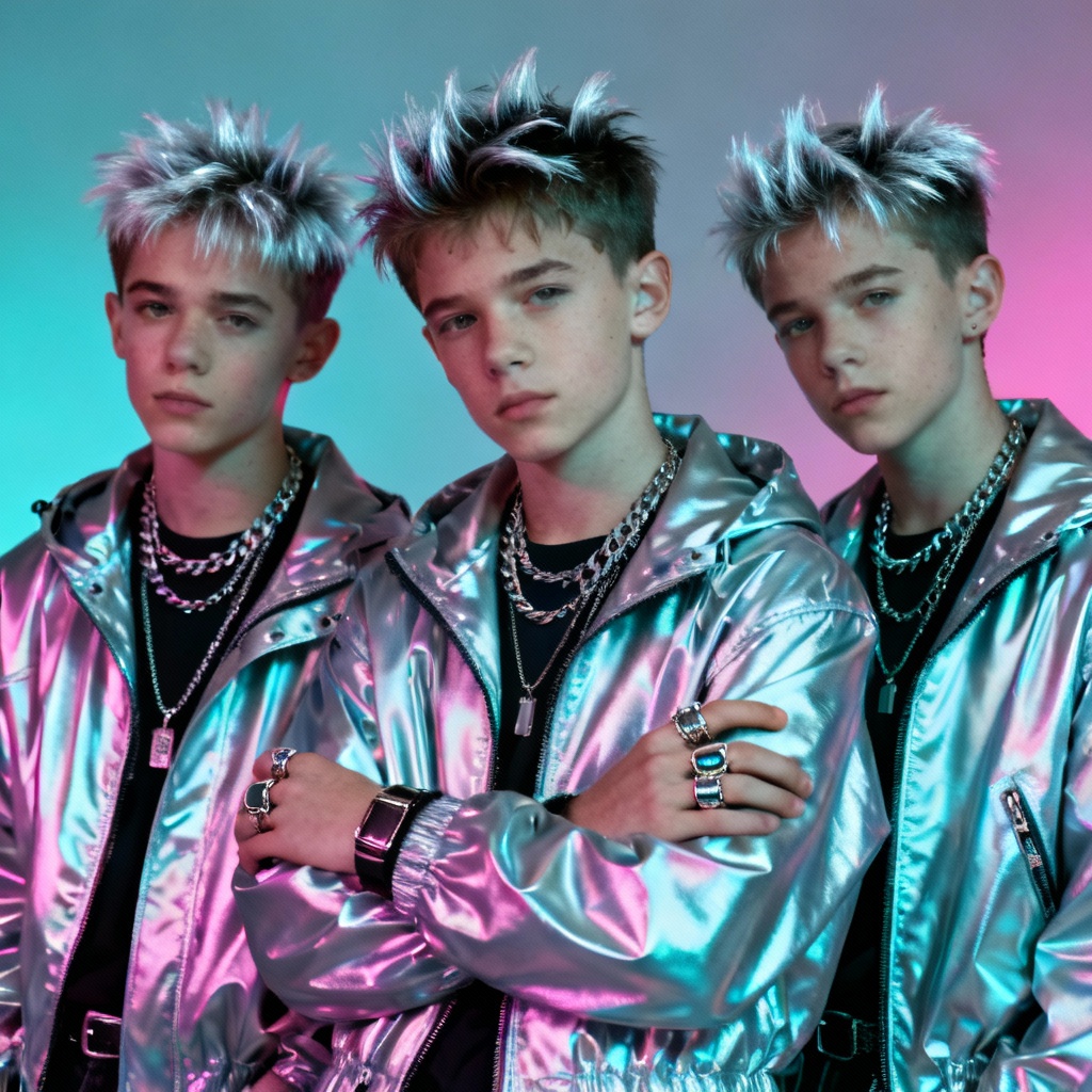 AI Y2K boy band with chrome background and frosted tips