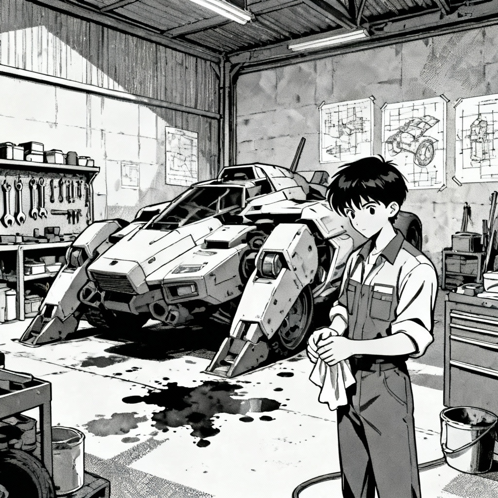 Vintage anime mech in a garage workshop