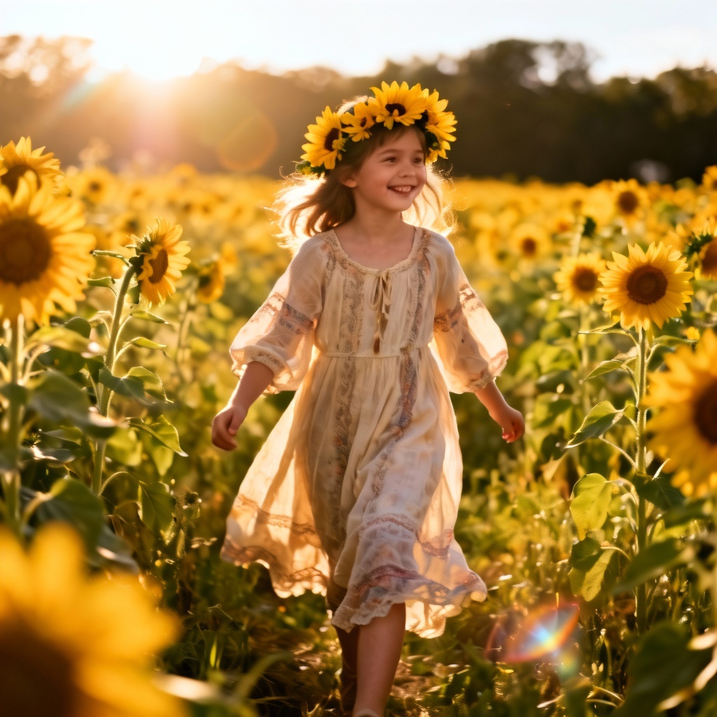 Boho flower girl with sunflower crown in a golden meadow