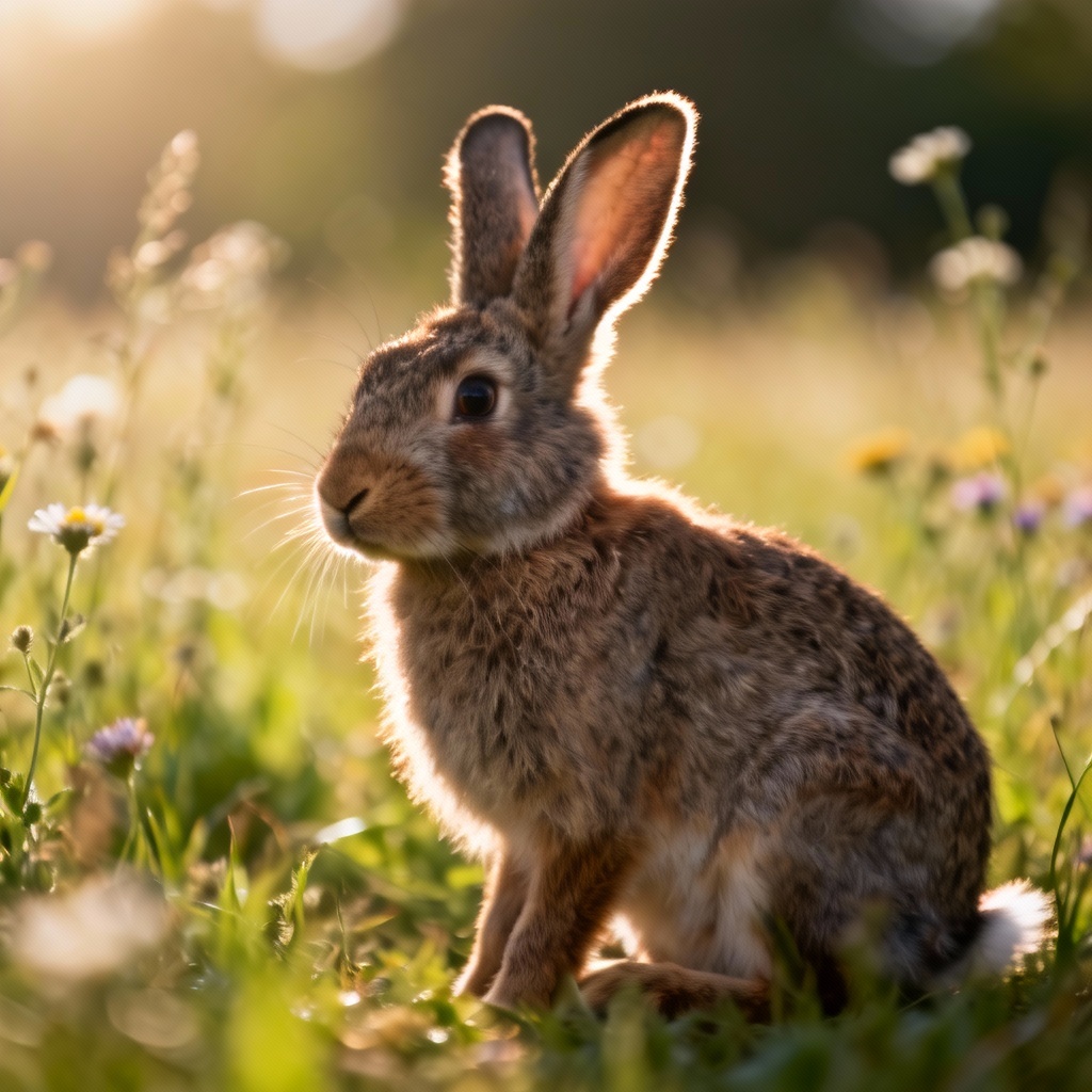 Realistic rabbit portrait in a sunlit meadow