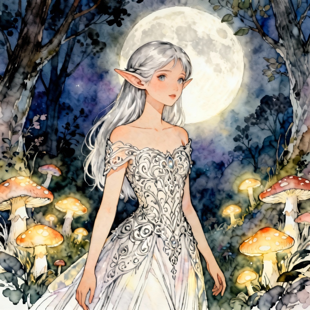 AI fairy tale elf princess under moonlit forest lights