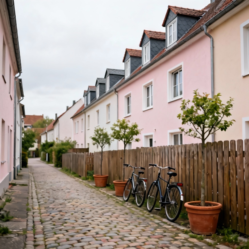 European suburban townhouses with bikes and cobblestone