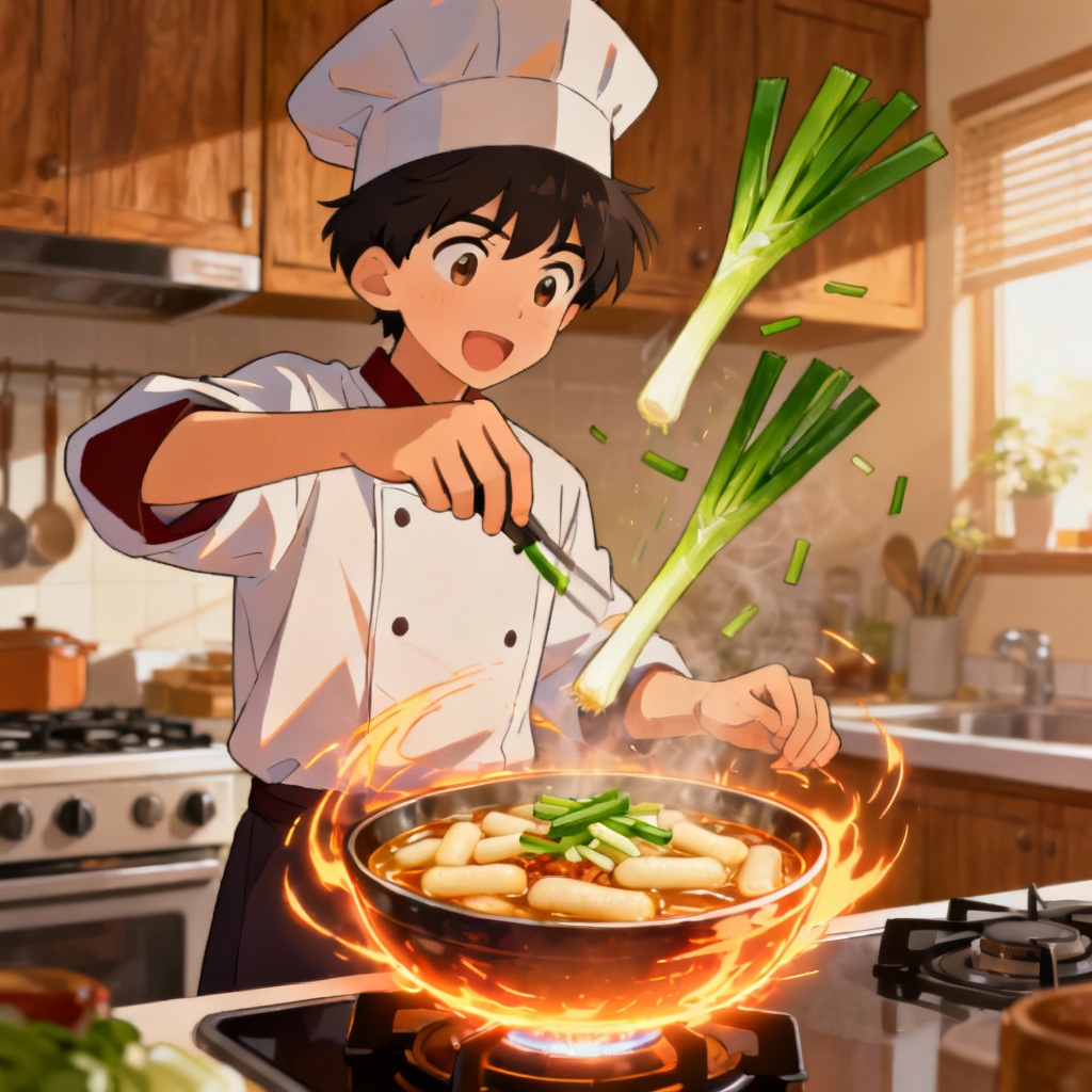 Anime tteokguk chef hero with vibrant kitchen scene