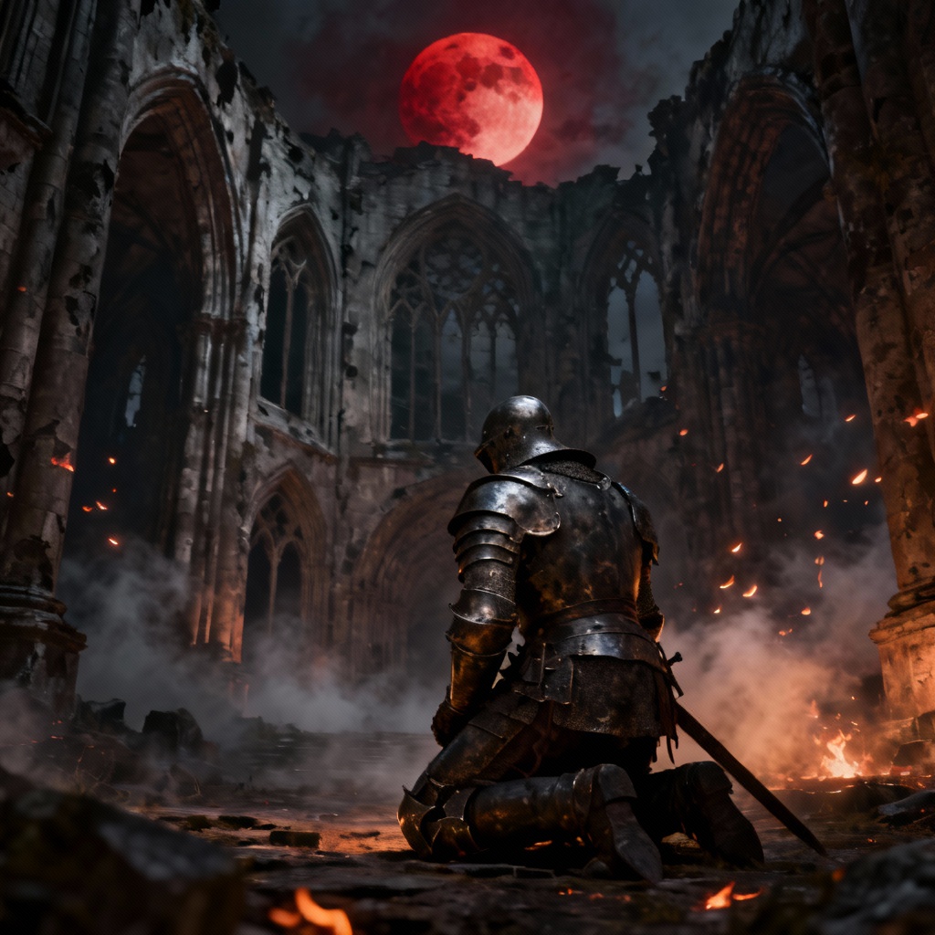 AI dark fantasy knight at a ruined cathedral under a blood moon