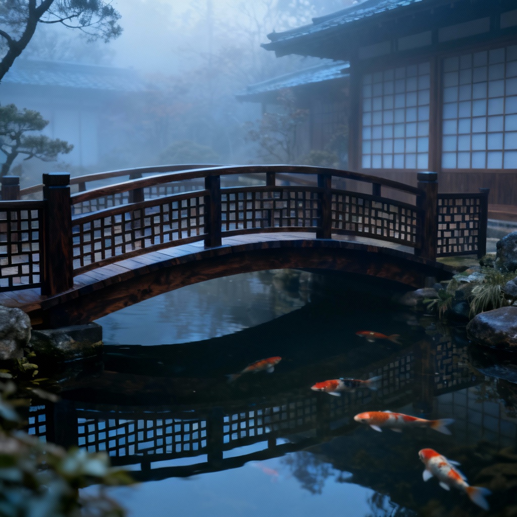 AI wooden arched bridge with Japanese lattice railings