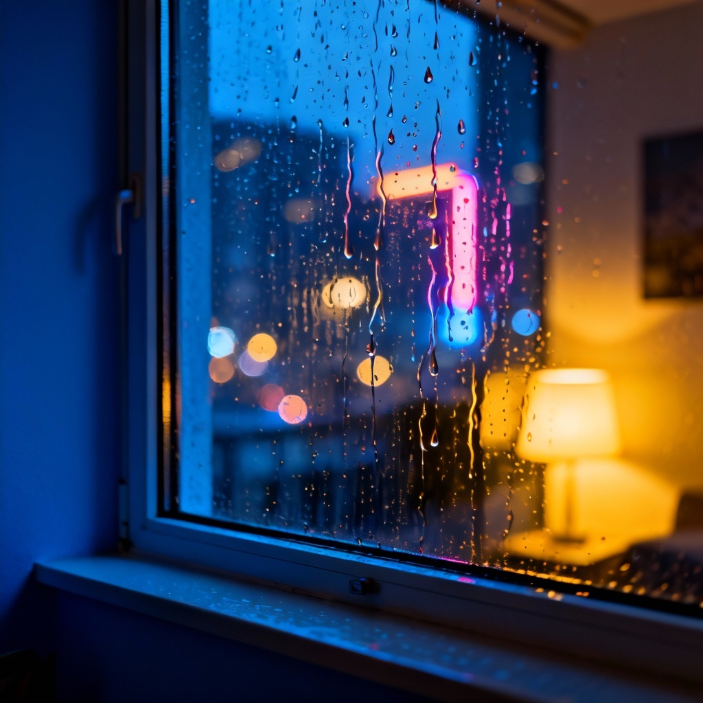 Rainy city night window with water droplets and neon reflections