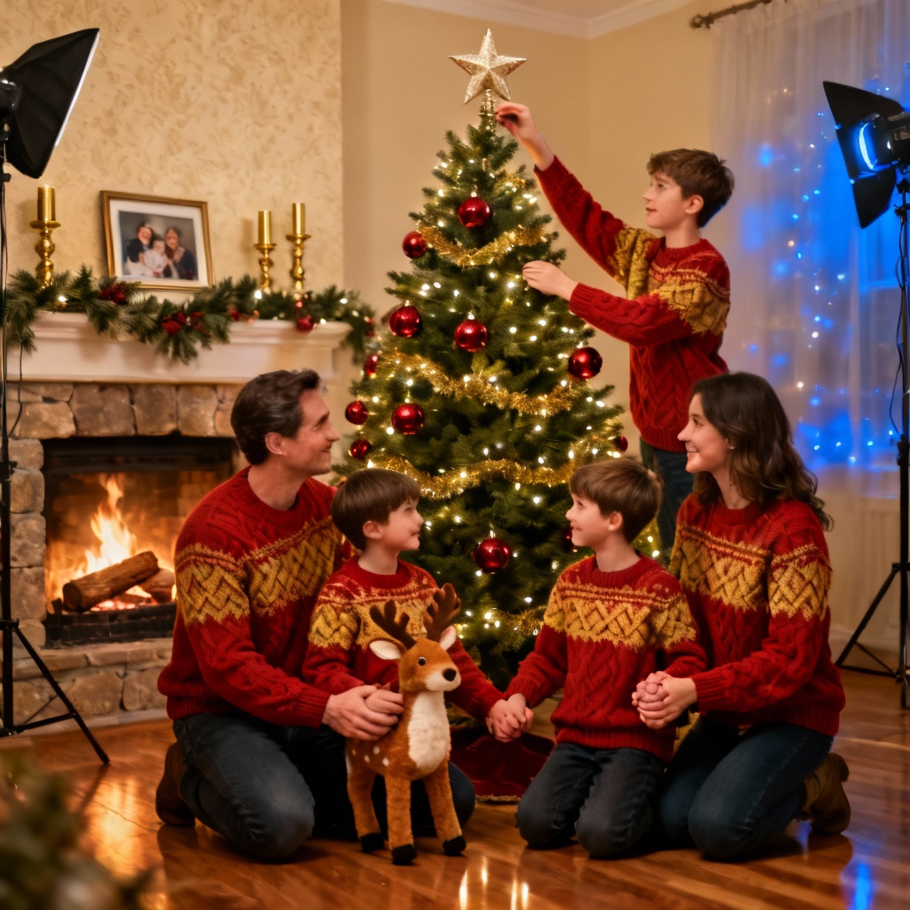 Warm family Christmas photo by tree and fireplace