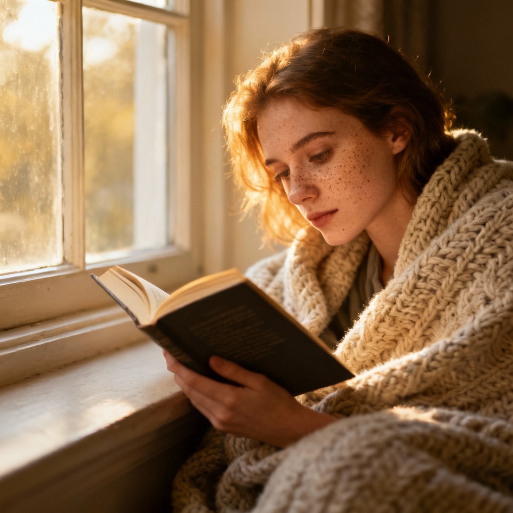 AI cozy window reading beauty portrait