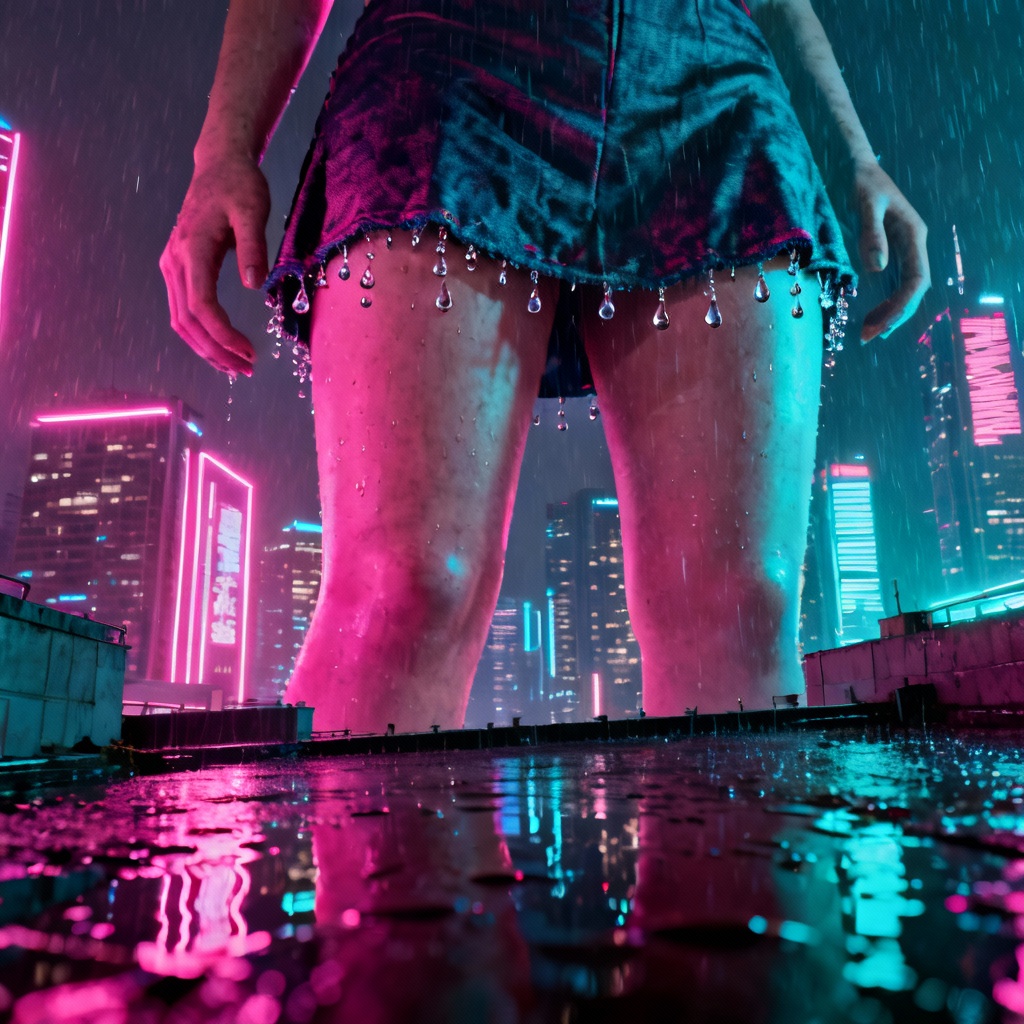 AI giantess in neon cybercity with cinematic rain