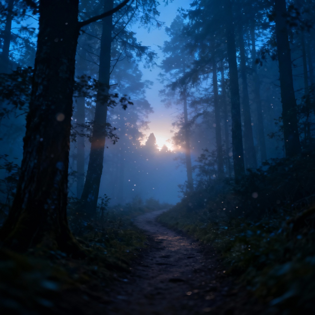 AI spooky foggy forest path with backlit figure