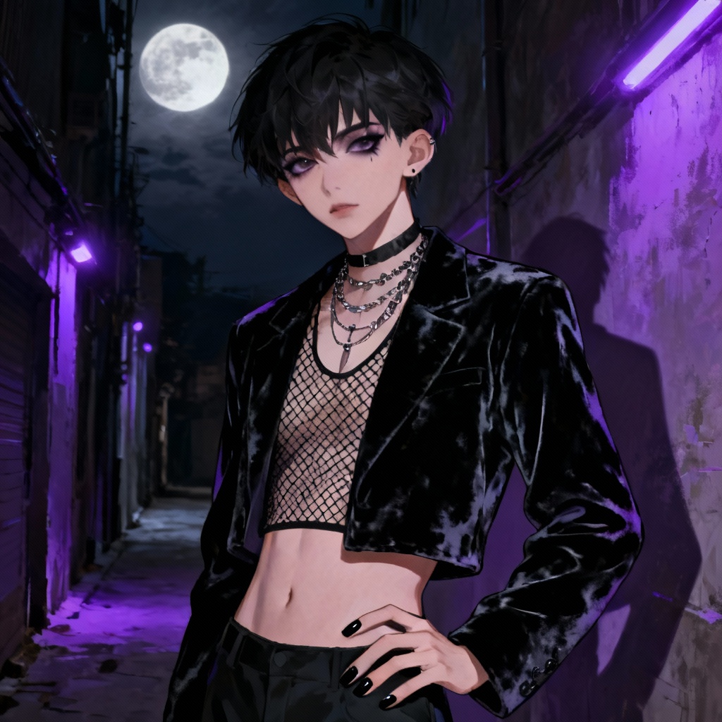 AI goth femboy wearing velvet and mesh at night