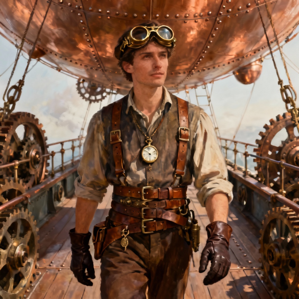 AI steampunk adventurer on an airship
