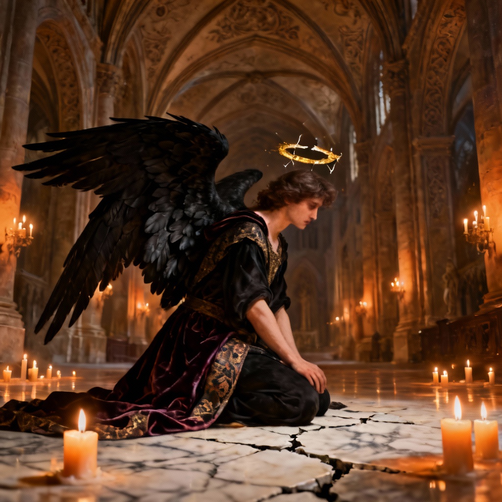 Baroque style fallen angel with dramatic chiaroscuro