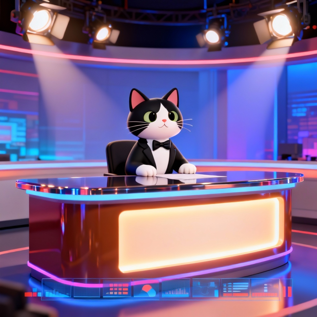 AI cat interview anchor at news desk