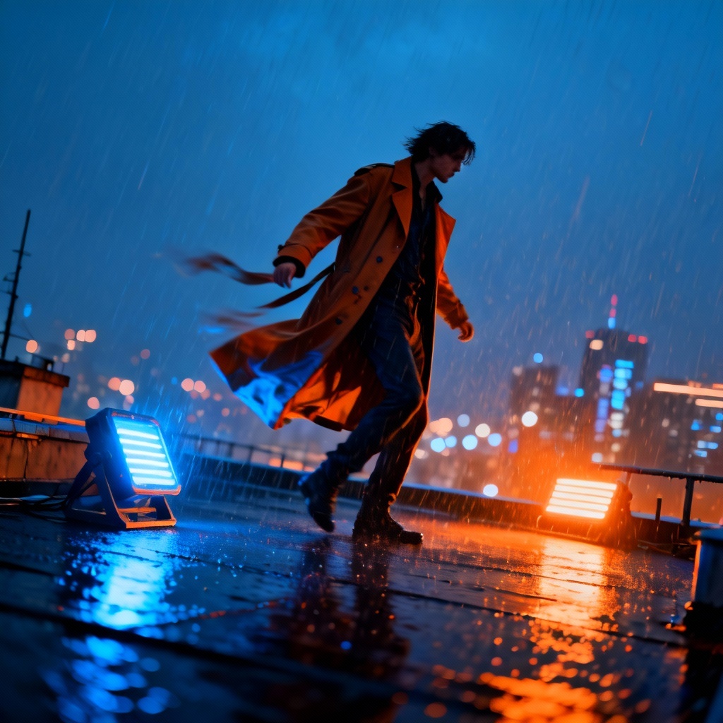 AI sci fi rooftop night photoshoot with cinematic rain