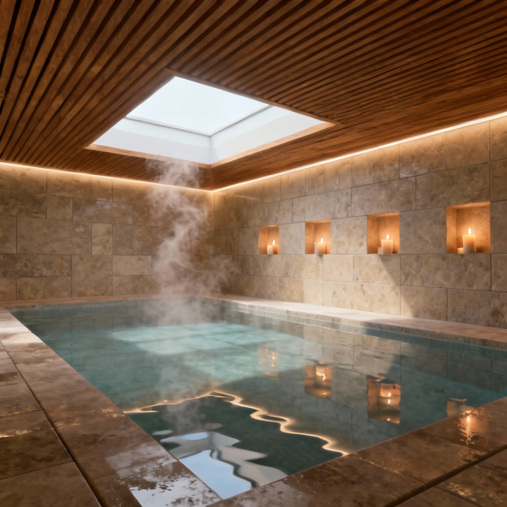 AI indoor spa pool with skylight and steam ambiance