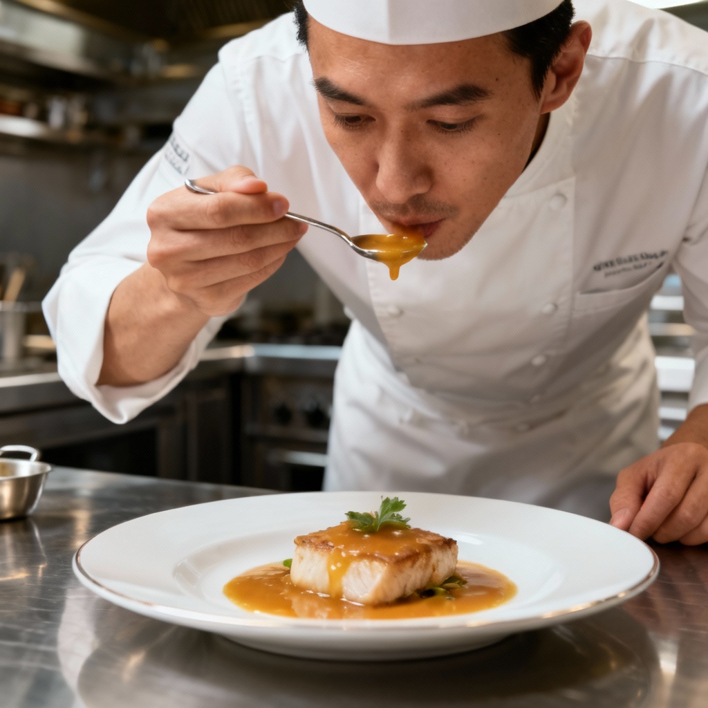 AI chef tasting a dish in a pro kitchen