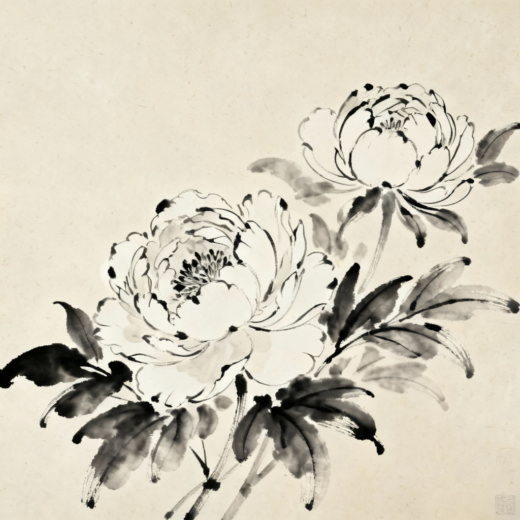 Elegant ink line art peonies on cream paper