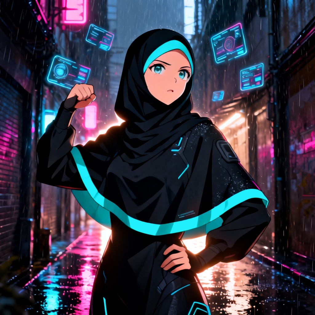 AI cyberpunk hijab anime heroine with neon lights