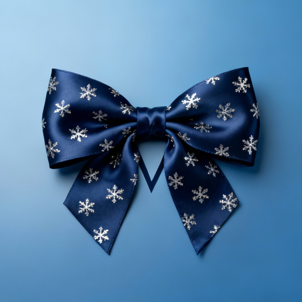 AI navy satin bow with silver snowflake pattern
