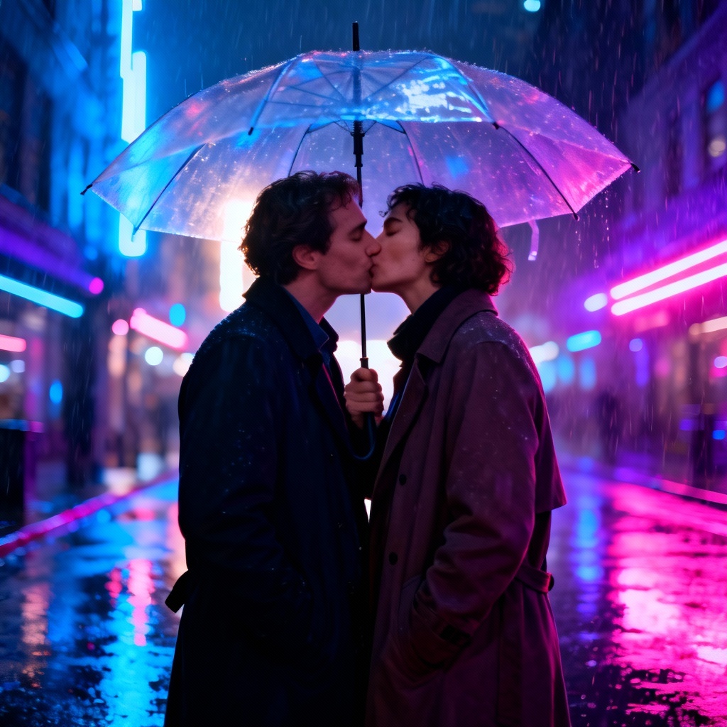 AI rainy street French kiss with umbrella