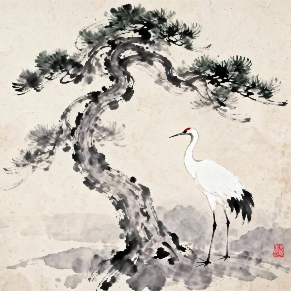 AI sumi-e crane with pine on washi paper