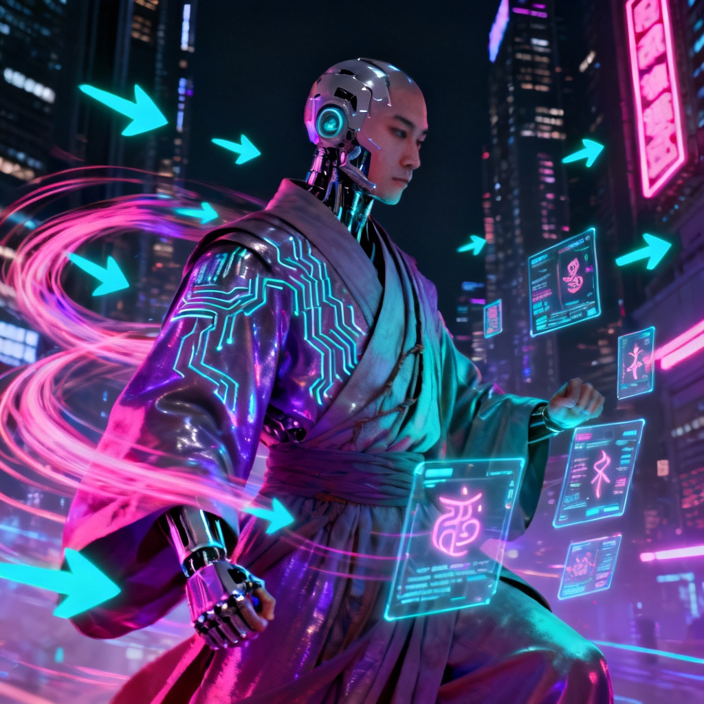 Futuristic cyber Aang avatar with neon wind