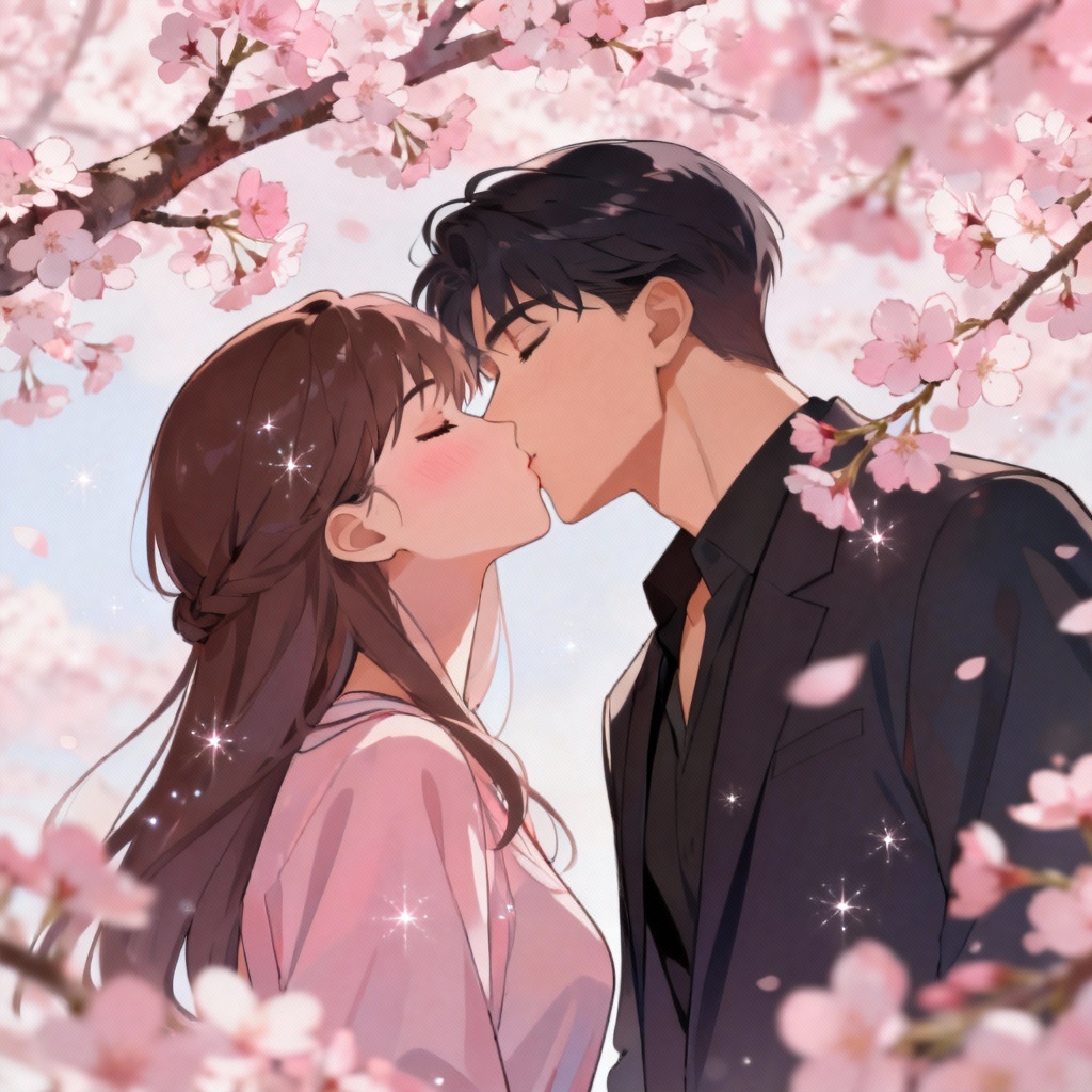 AI anime couple first kiss under cherry blossoms