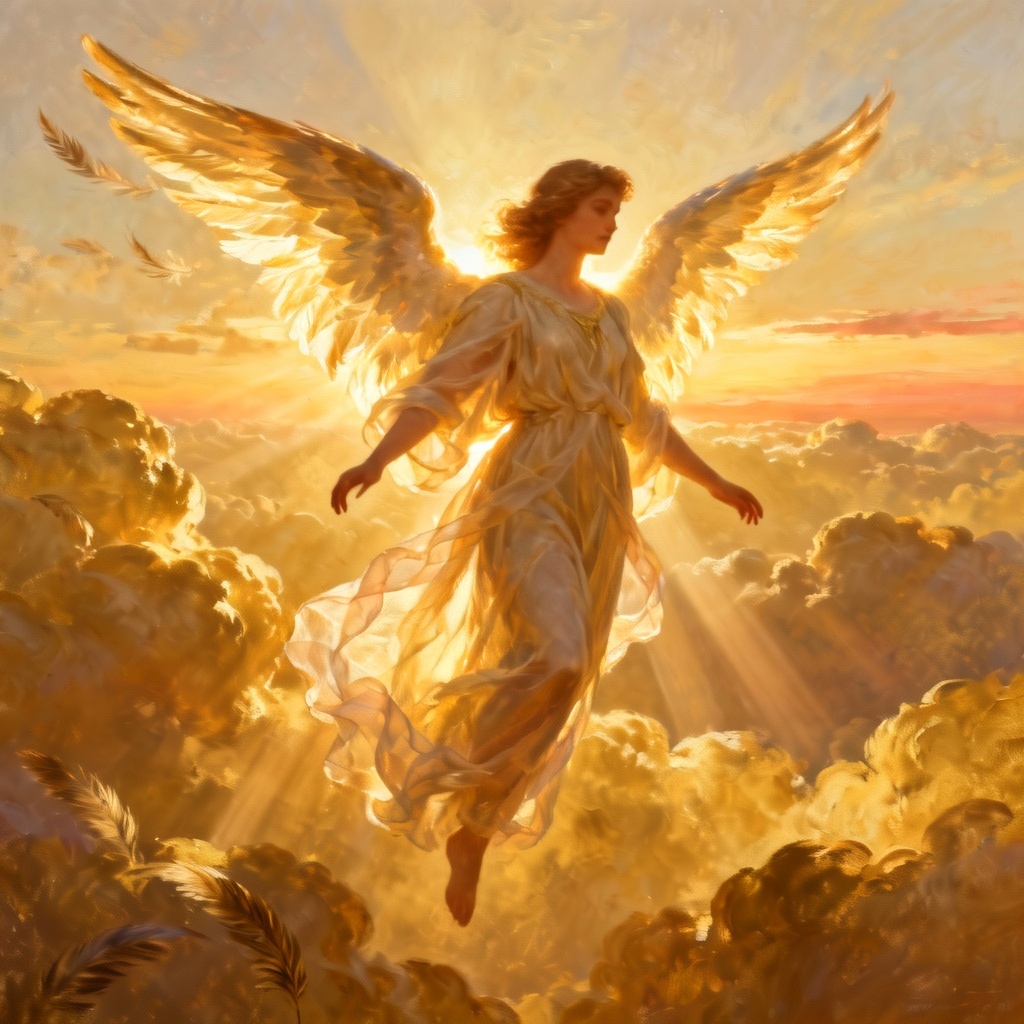 AI angel with luminous wings in clouds