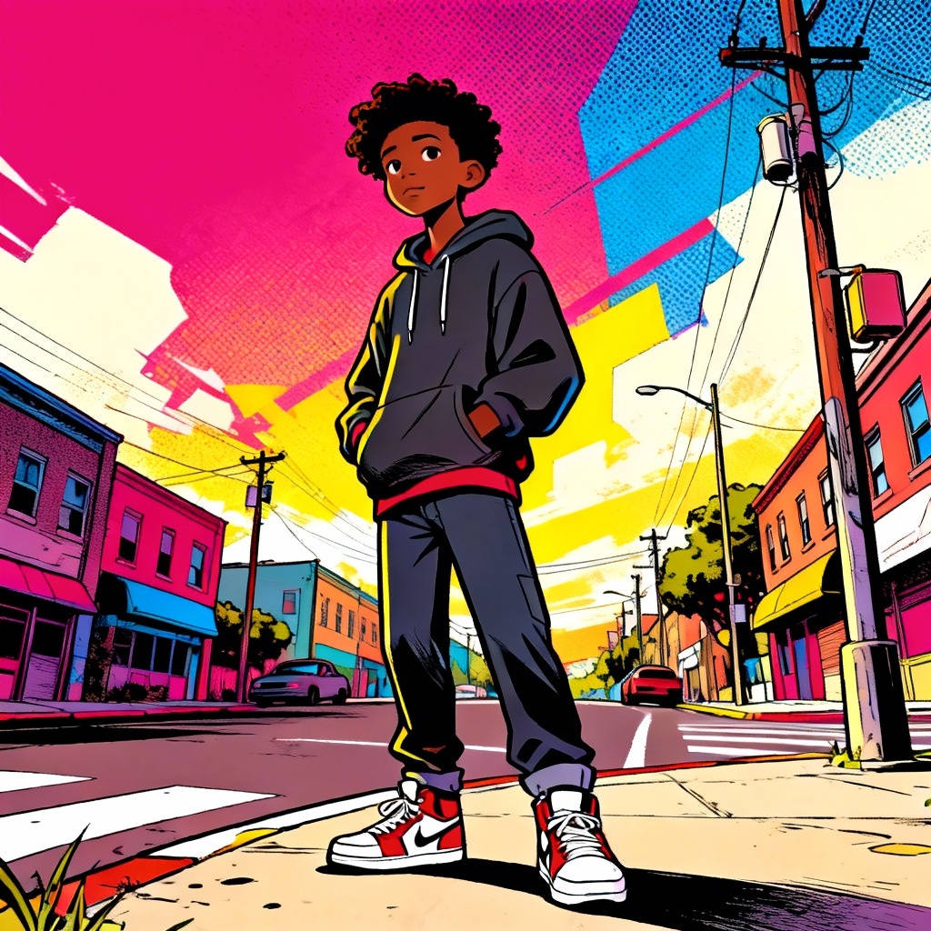 AI Boondocks-style teen hero on a city street