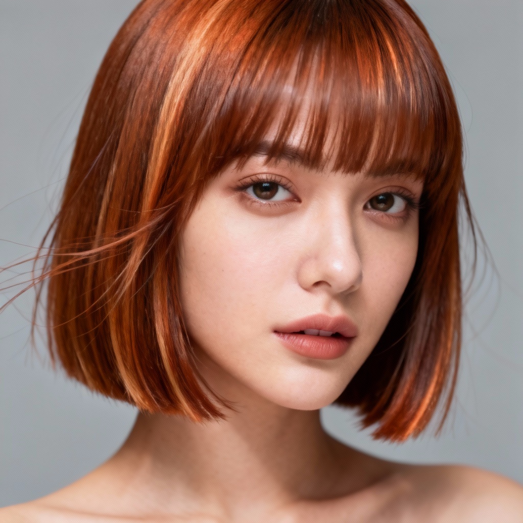 AI copper bob hairstyle with soft bangs