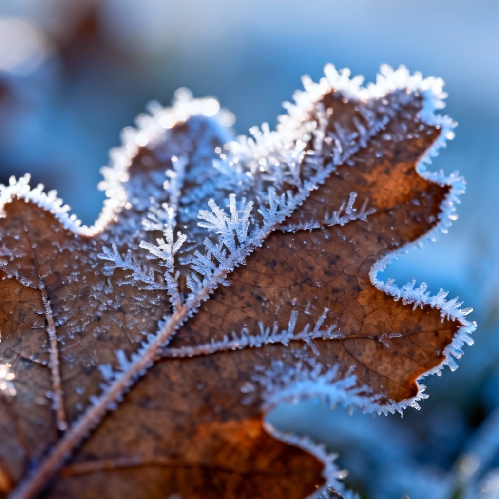 Macro frost crystals on leaf in cold morning light