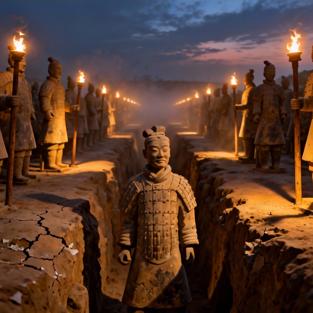 AI Terracotta Warriors reimagined at twilight