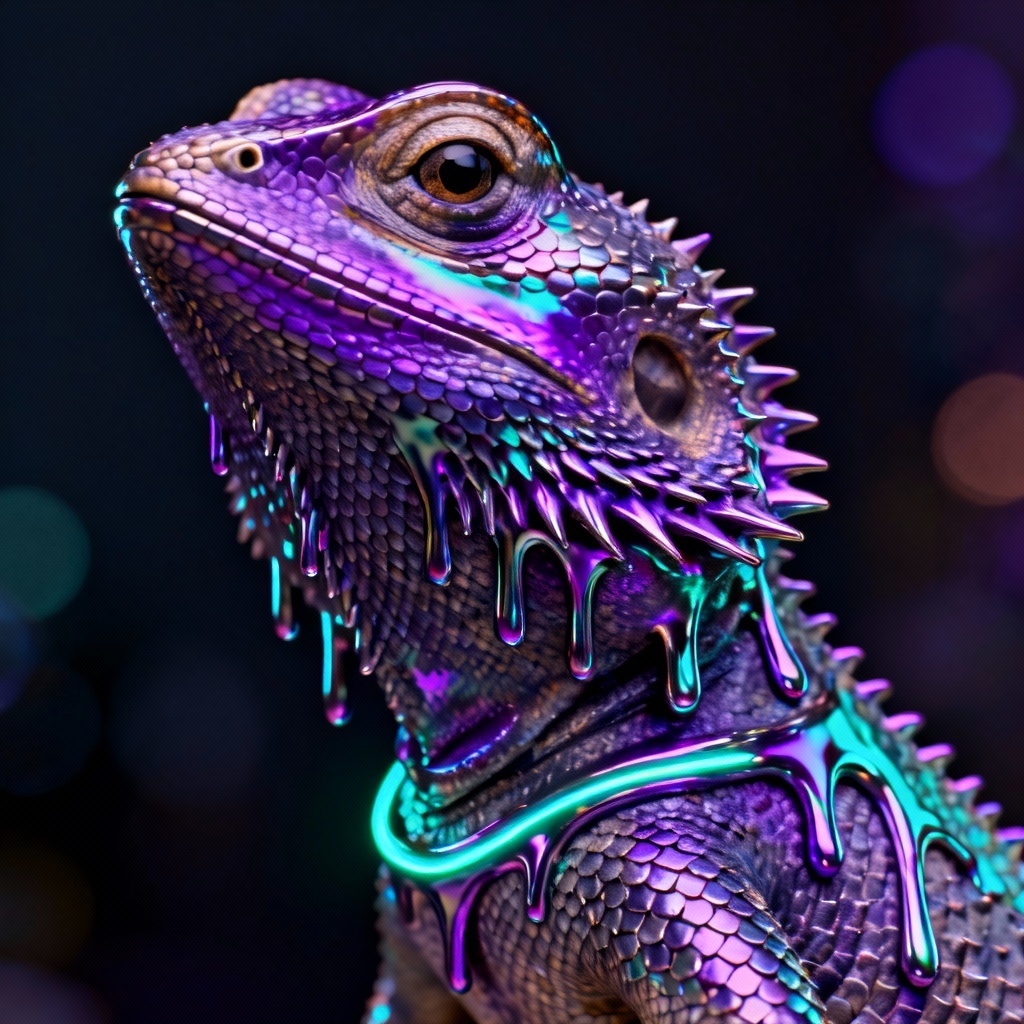 3D glossy bearded dragon with chrome drip effect