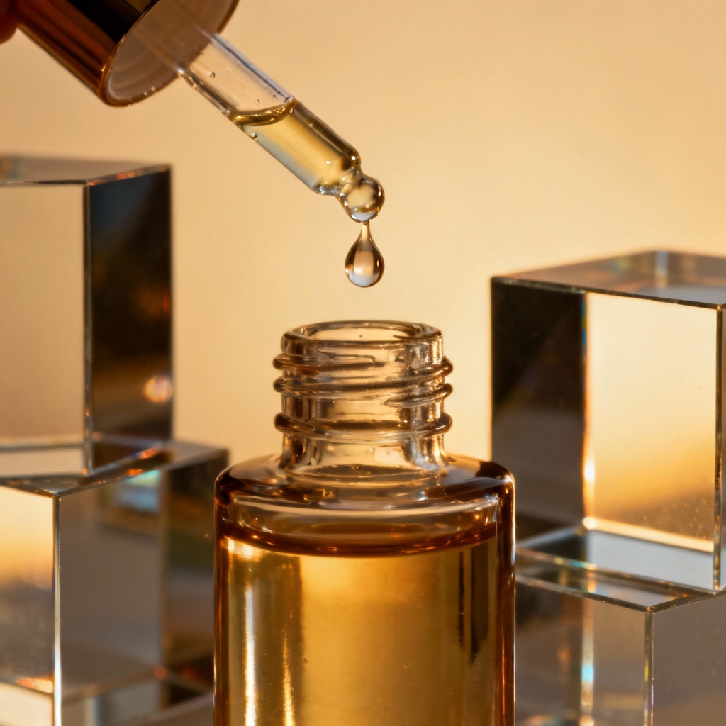AI scalp serum dropper macro shot with glass bottle