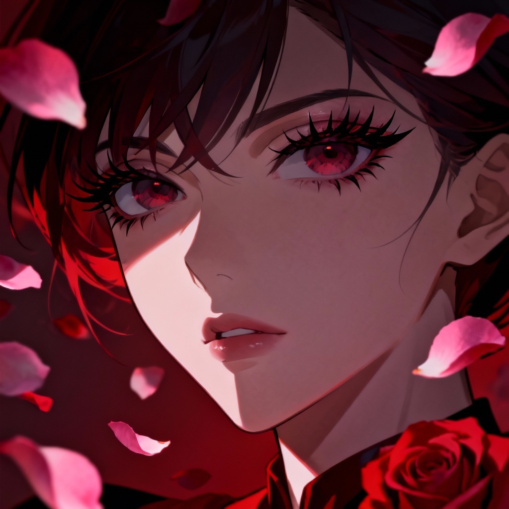 Elegant yandere portrait with rose petals and dramatic lighting
