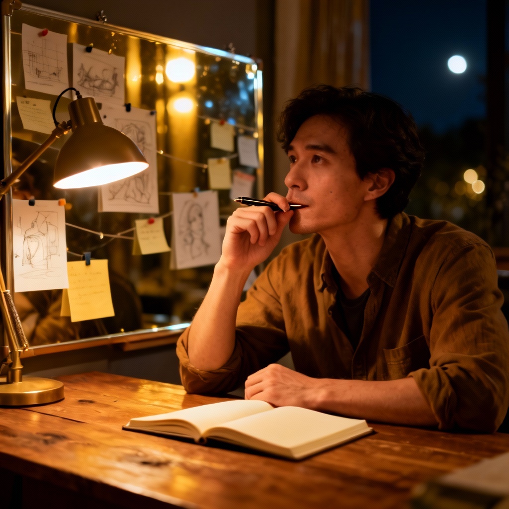 Writer at desk thoughtful pose reference