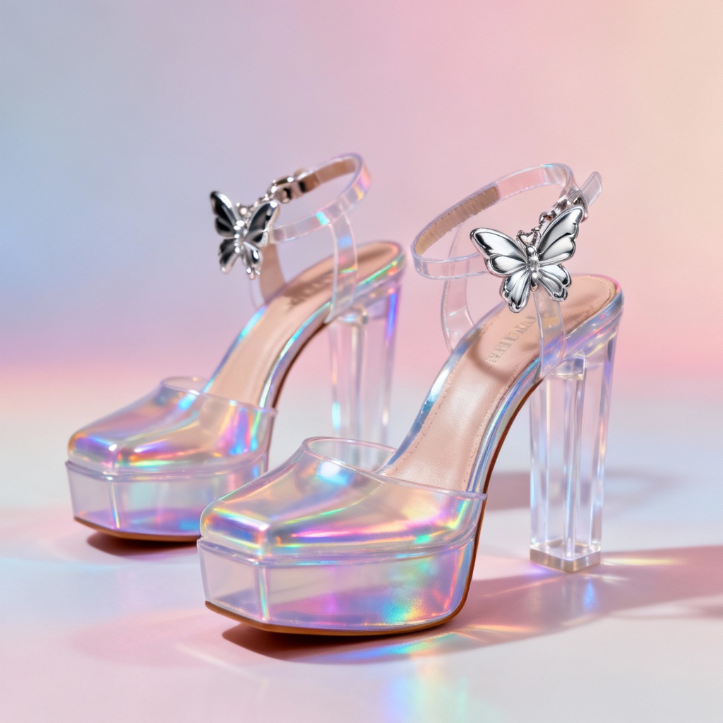 AI Y2K holographic platform heels with butterfly charm