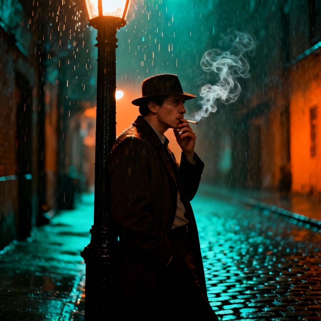 Cinematic detective in rain thinking pose