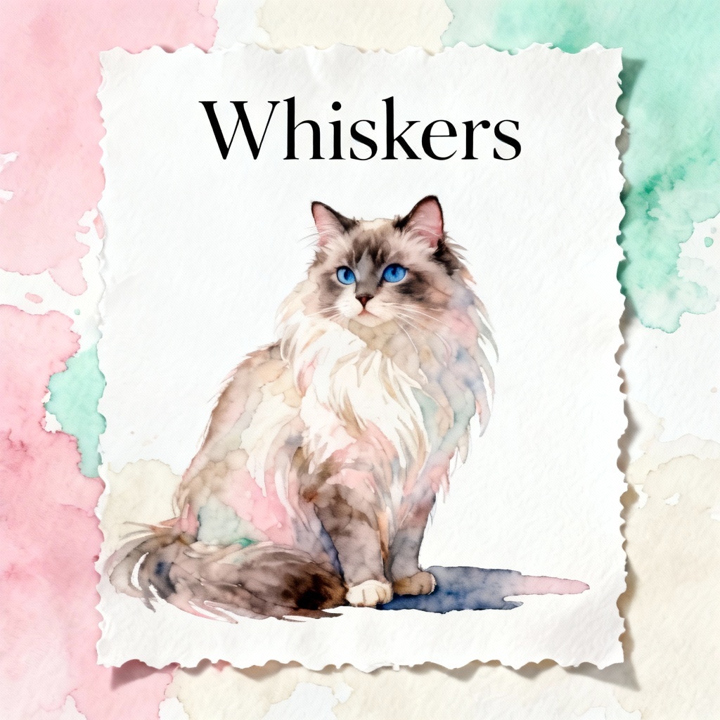 AI watercolor cat portrait poster with soft pastel background