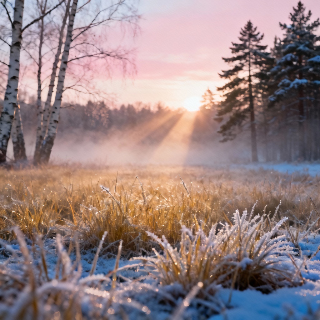 Early winter meadow at sunrise with first frost and soft mist