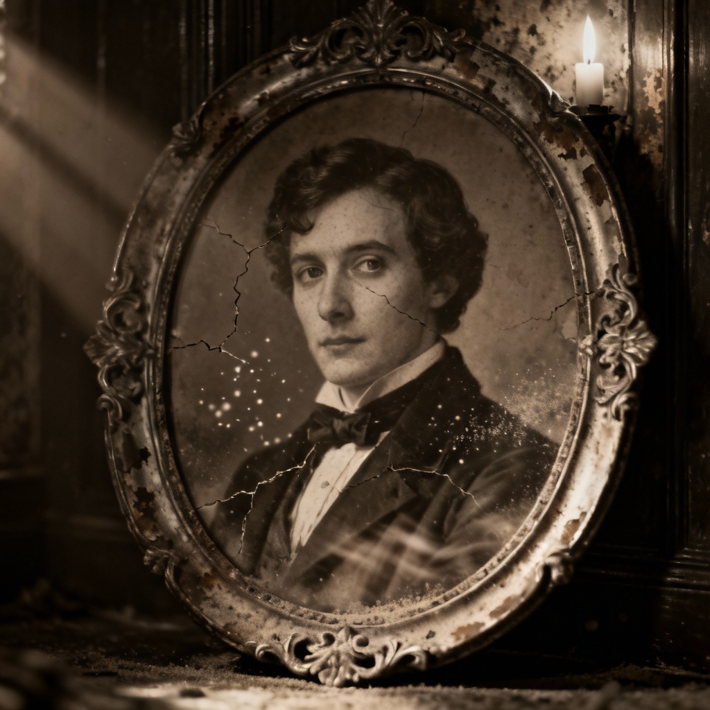 AI haunted vintage portrait with cracked sepia finish