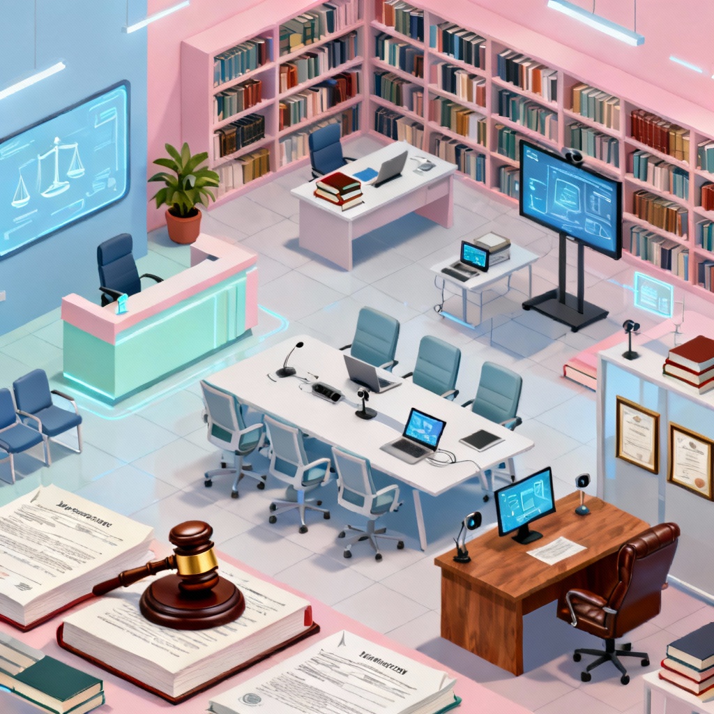 AI isometric illustration of a modern law firm interior
