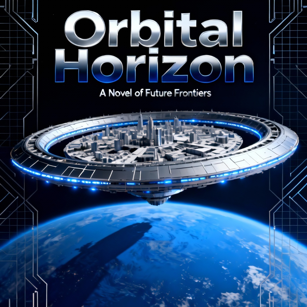 AI sci fi book cover with orbital city and planet