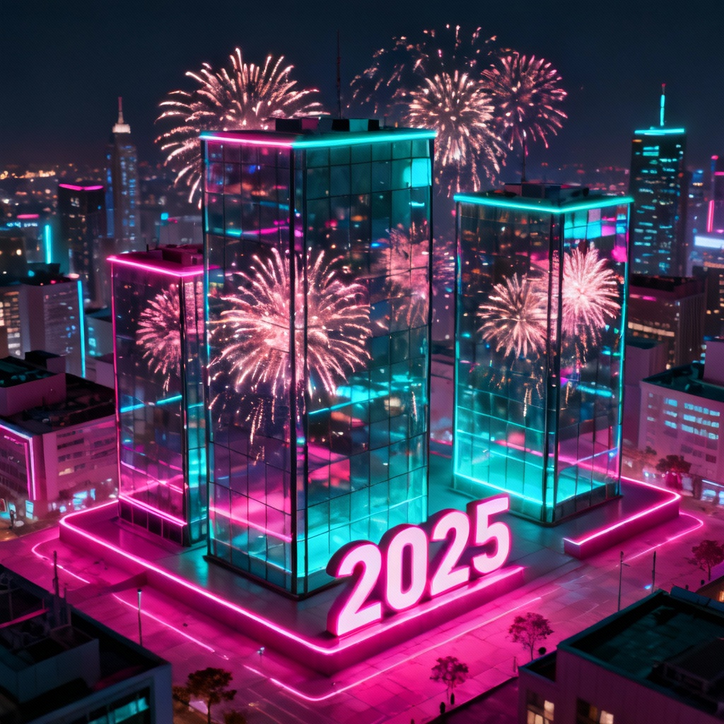 AI neon cyberpunk New Year fireworks over a city skyline