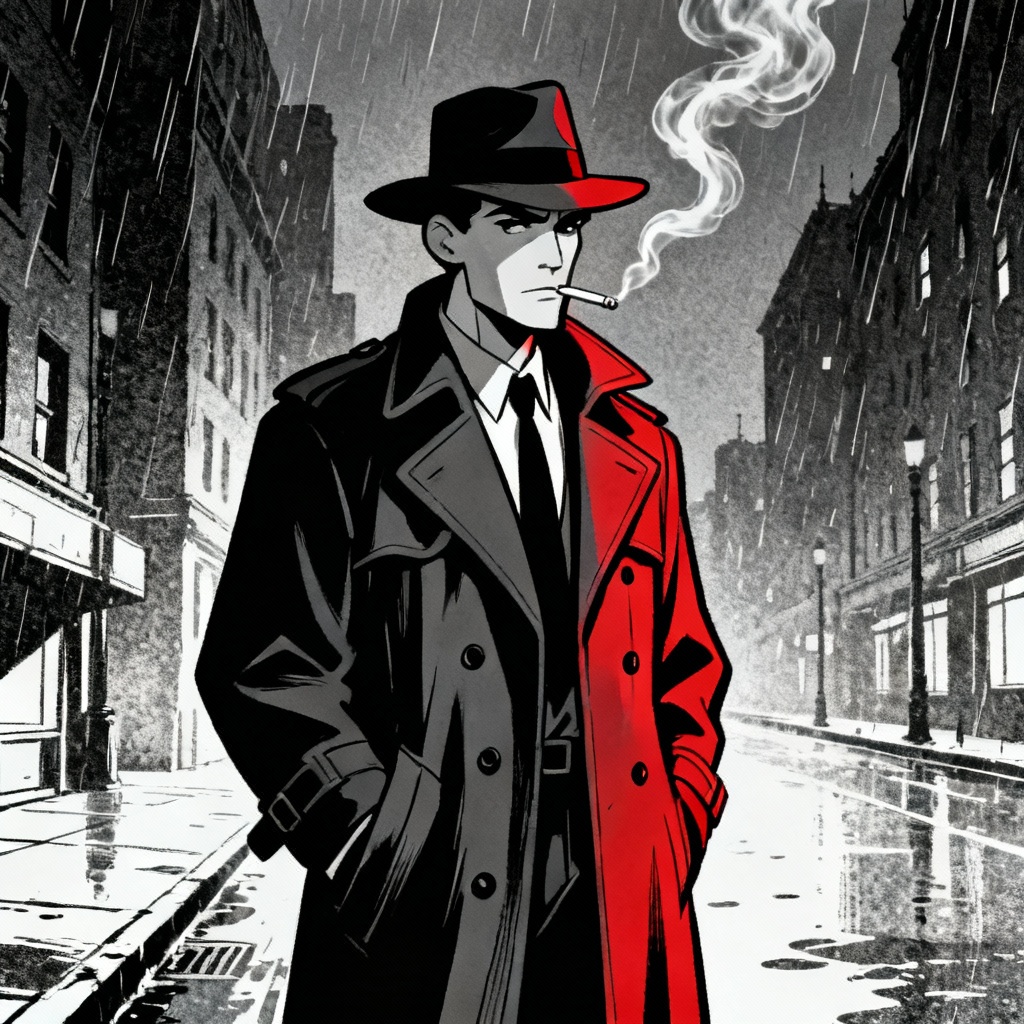 AI noir detective cartoon character in trench coat