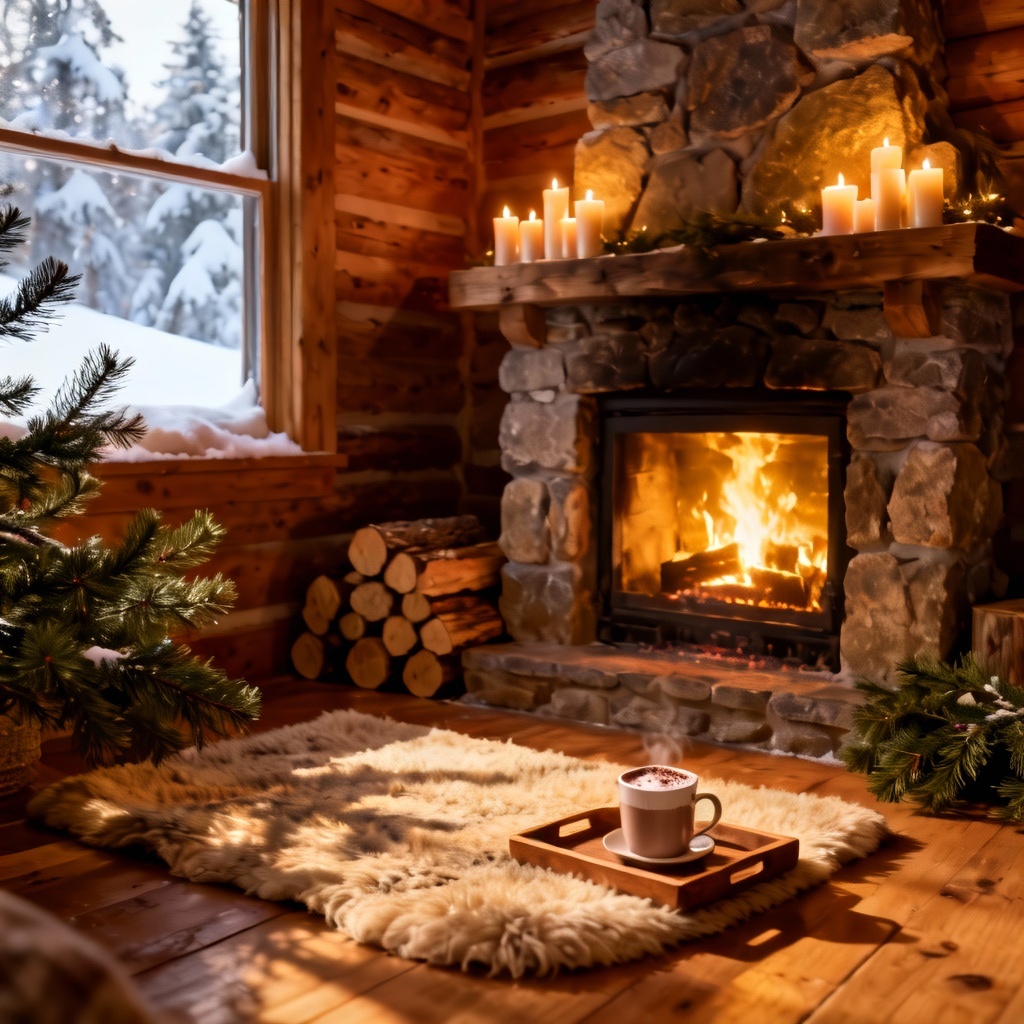 AI Winter Cabin Interior With Fireplace Glow