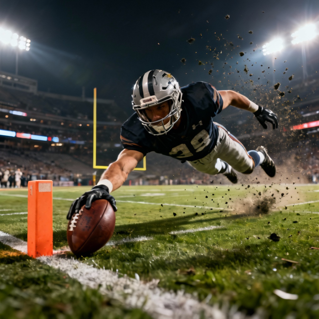 AI American football player diving for a touchdown