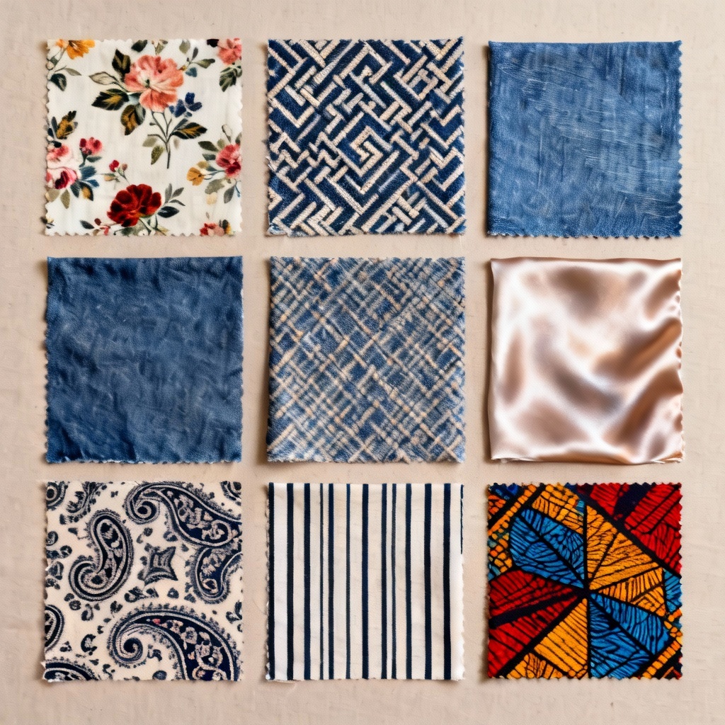 Assorted seamless fabric swatches generated by AI arranged on a tabletop